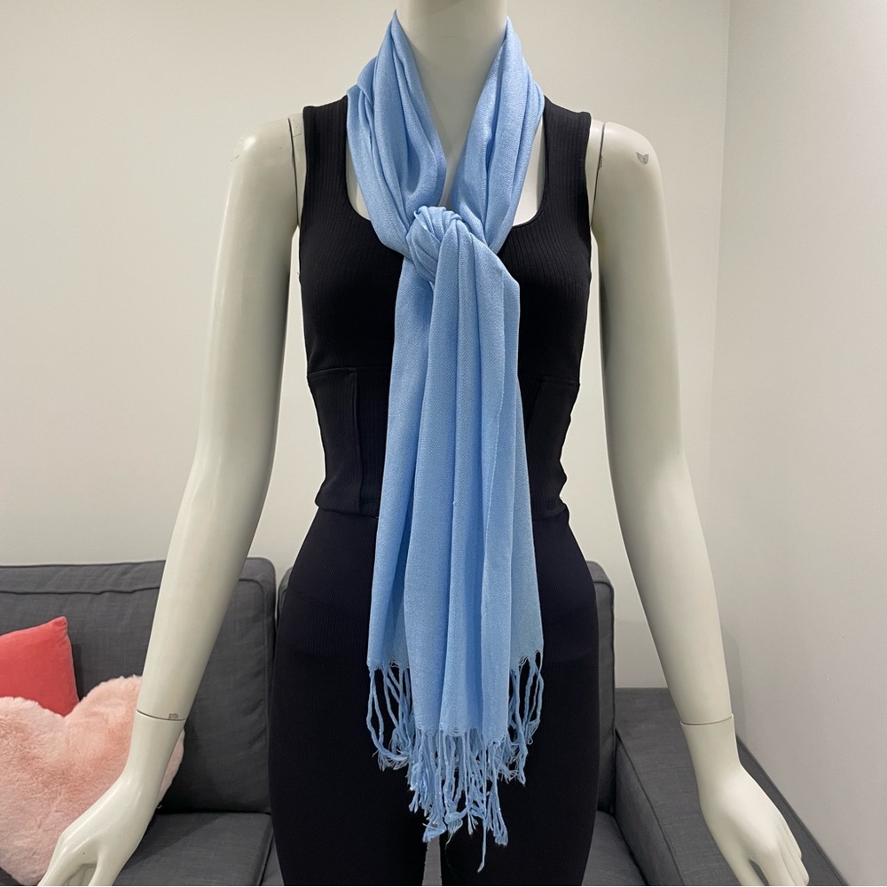 PASHMINA with Fringe Silk-Blend Very Lightweight Shawl /Wrap / Scarf Pale Blue